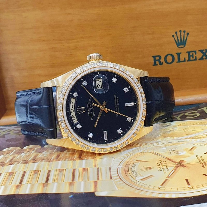 【大眾名錶】ROLEX勞力士18038 Day-Date 18K金男錶 黑色6.9T鑽面盤 後加全鑽圈 大眾名錶G251-4