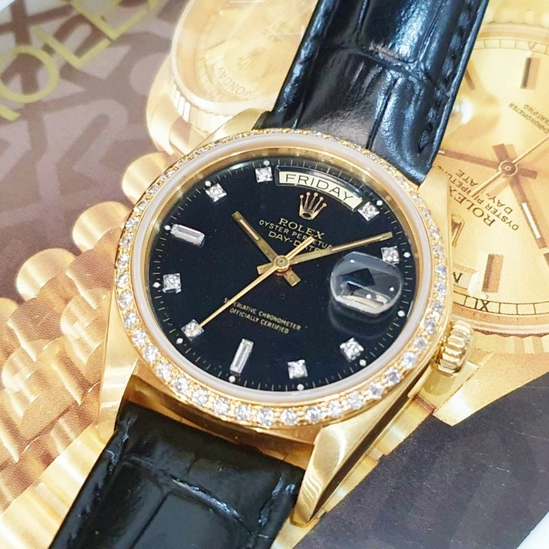 【大眾名錶】ROLEX勞力士18038 Day-Date 18K金男錶 黑色6.9T鑽面盤 後加全鑽圈 大眾名錶G251-5