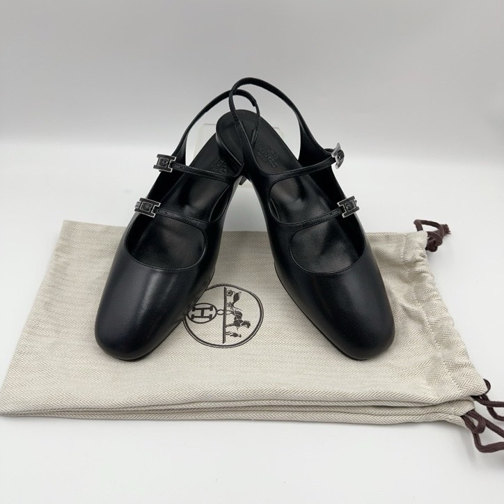 閒置 新HERMES 愛馬仕 Mila 山羊皮 圓頭搭扣 露跟鞋 休閒單鞋 1cm 女款 黑色-0