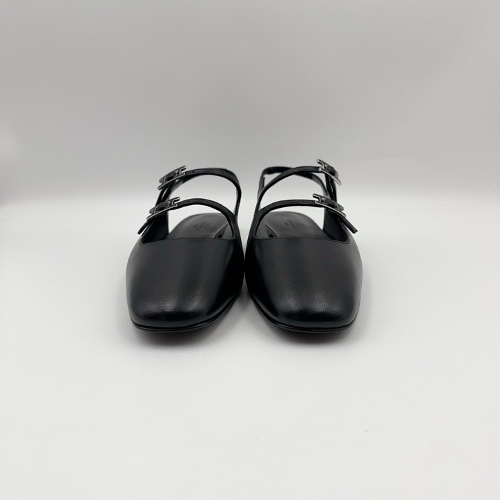 閒置 新HERMES 愛馬仕 Mila 山羊皮 圓頭搭扣 露跟鞋 休閒單鞋 1cm 女款 黑色-1