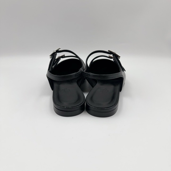 閒置 新HERMES 愛馬仕 Mila 山羊皮 圓頭搭扣 露跟鞋 休閒單鞋 1cm 女款 黑色-4