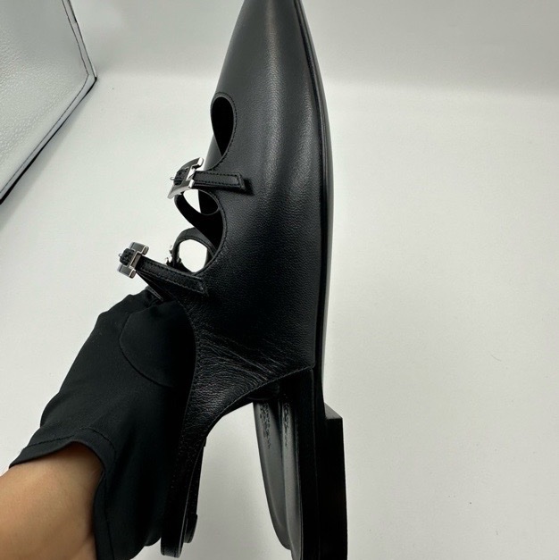 閒置 新HERMES 愛馬仕 Mila 山羊皮 圓頭搭扣 露跟鞋 休閒單鞋 1cm 女款 黑色-5