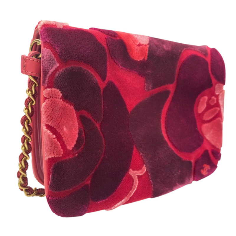紅色 天鵝絨 玫瑰花圖案 肩背包 金釦 (無卡)【CHANEL 香奈兒】-1