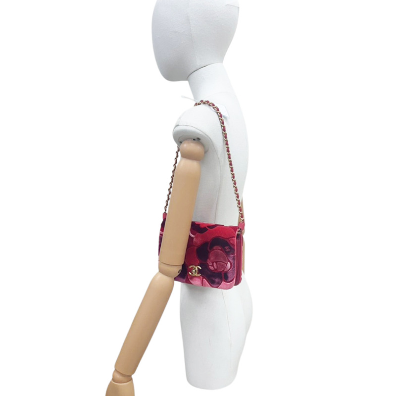 紅色 天鵝絨 玫瑰花圖案 肩背包 金釦 (無卡)【CHANEL 香奈兒】-7