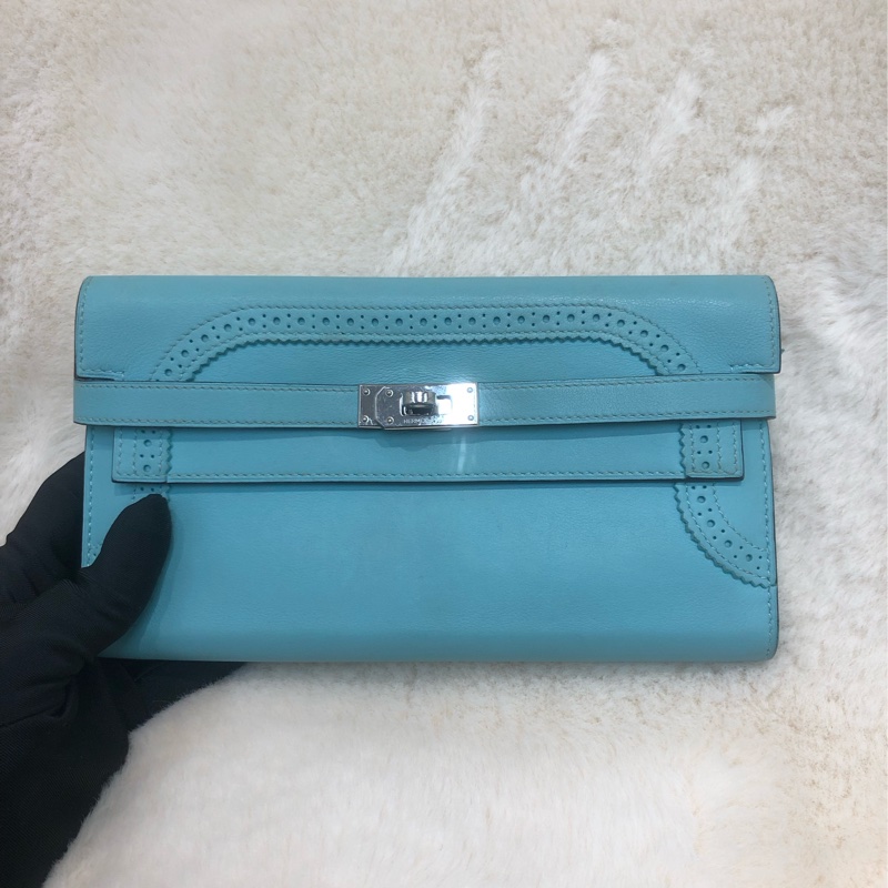 Hermes Blue Atoll Kelly Ghillies Wallet XC421-0