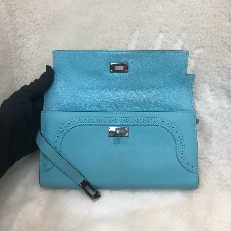 Hermes Blue Atoll Kelly Ghillies Wallet XC421-6