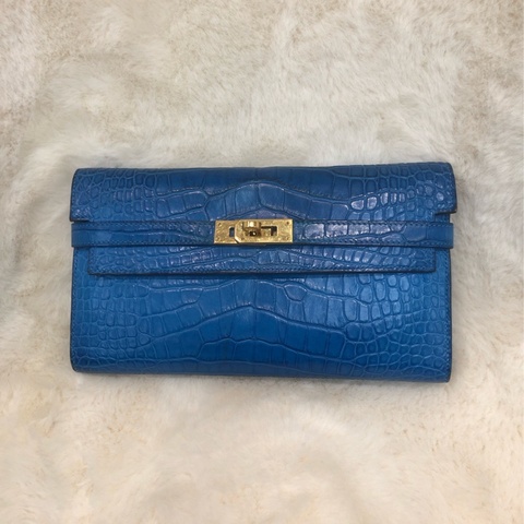 Hermes 電光藍鱷魚皮金扣 Kelly wallet XC424
