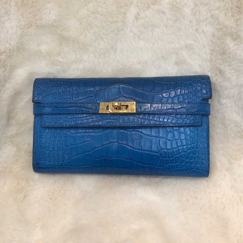 Hermes 電光藍鱷魚皮金扣 Kelly wallet XC424-0