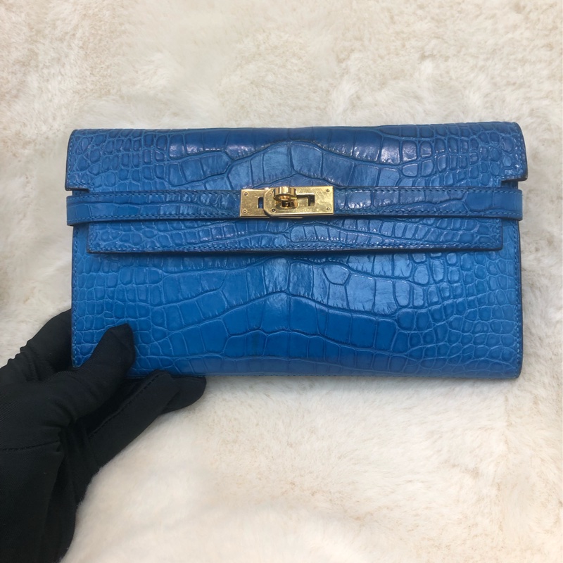 Hermes 電光藍鱷魚皮金扣 Kelly wallet XC424-1