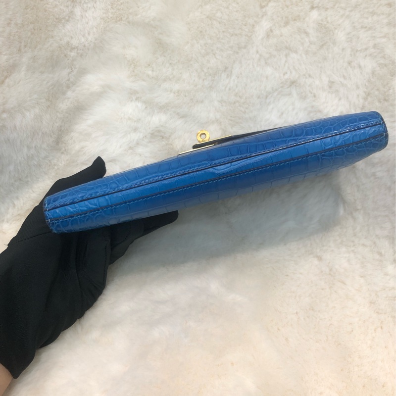 Hermes 電光藍鱷魚皮金扣 Kelly wallet XC424-6