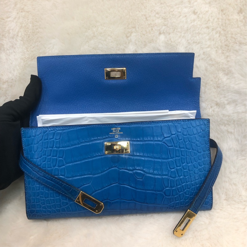 Hermes 電光藍鱷魚皮金扣 Kelly wallet XC424-7