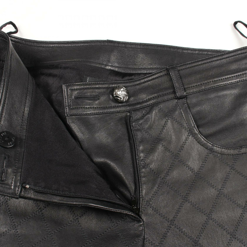 香奈兒 (CHANEL) COCO 標誌紐扣側拉鍊長褲 #36 P41909C00163 黑色皮革二手女裝-4