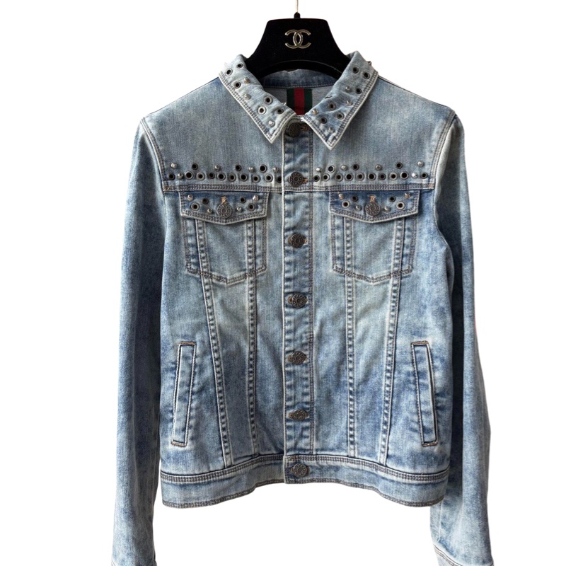 Gucci 古馳 淺藍色水洗做舊虎頭刺繡鉚釘設計牛仔外套 重工款-1