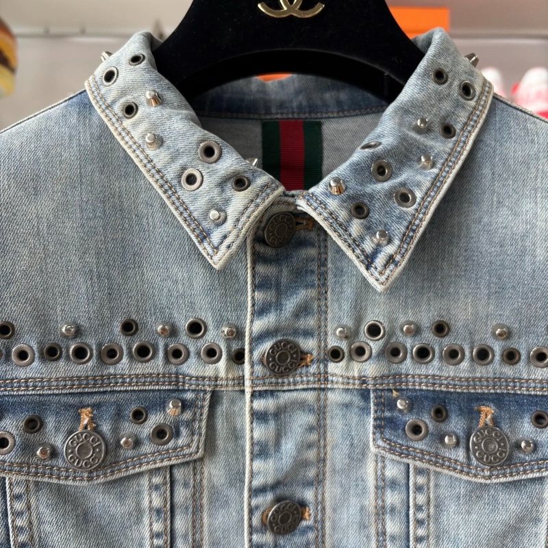 Gucci 古馳 淺藍色水洗做舊虎頭刺繡鉚釘設計牛仔外套 重工款-8