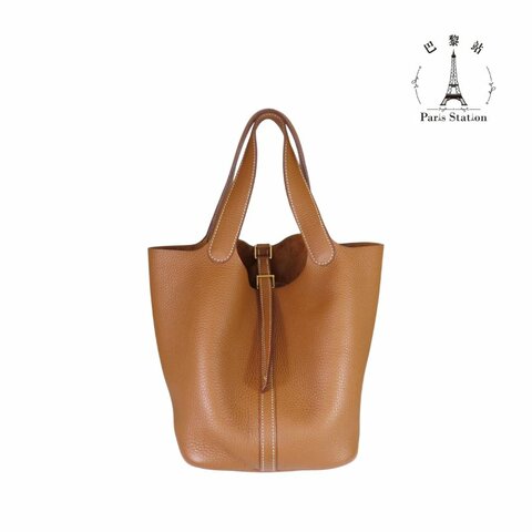 【巴黎站二手名牌專賣店】＊現貨＊HERMES 愛馬仕 真品＊Z刻 PICOTIN 22 金棕皮革金釦手提包 菜籃子