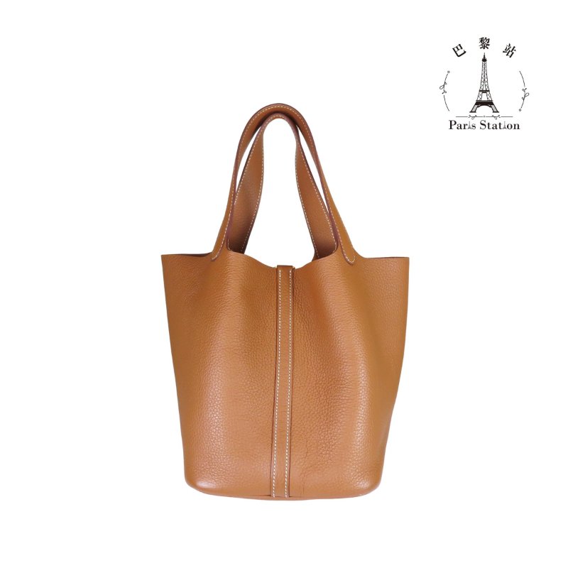 【巴黎站二手名牌專賣店】＊現貨＊HERMES 愛馬仕 真品＊Z刻 PICOTIN 22 金棕皮革金釦手提包 菜籃子-1