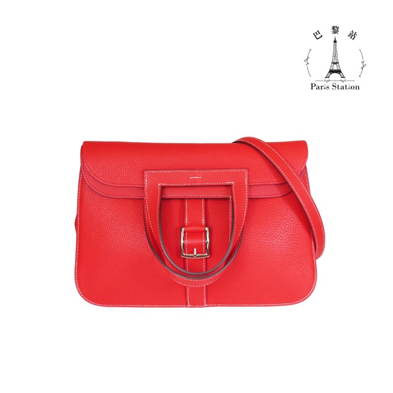 【巴黎站二手名牌專賣店】＊現貨＊HERMES 愛馬仕 真品＊C刻HALZAN 31紅色皮革銀釦斜背肩背包-0