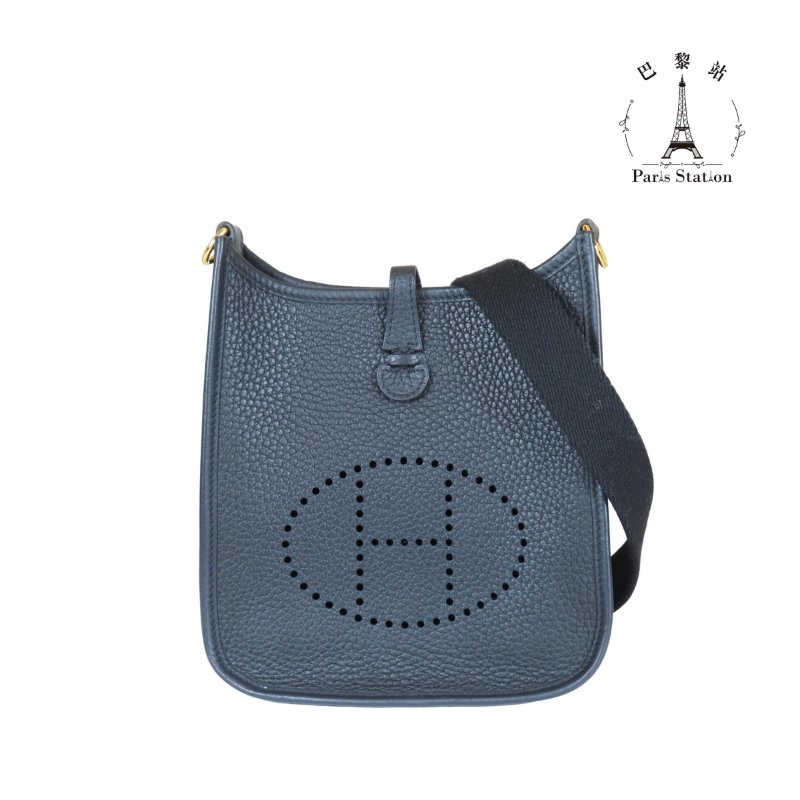 【巴黎站二手名牌專賣店】＊現貨＊HERMES 愛馬仕 真品＊W刻Mini Evelyne黑皮革金釦肩背斜背包-0