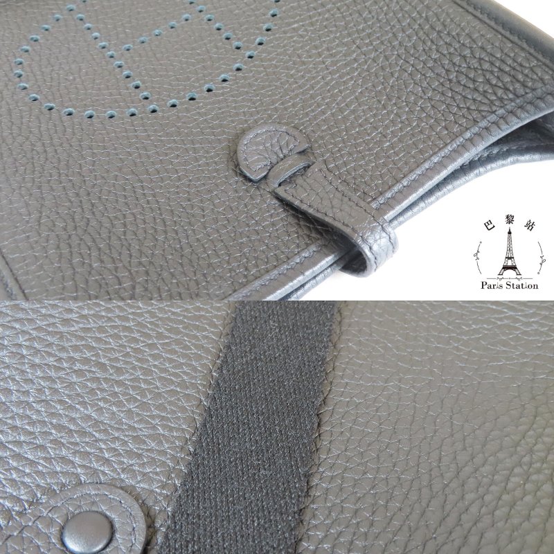 【巴黎站二手名牌專賣店】＊現貨＊HERMES 愛馬仕 真品＊W刻Mini Evelyne黑皮革金釦肩背斜背包-5
