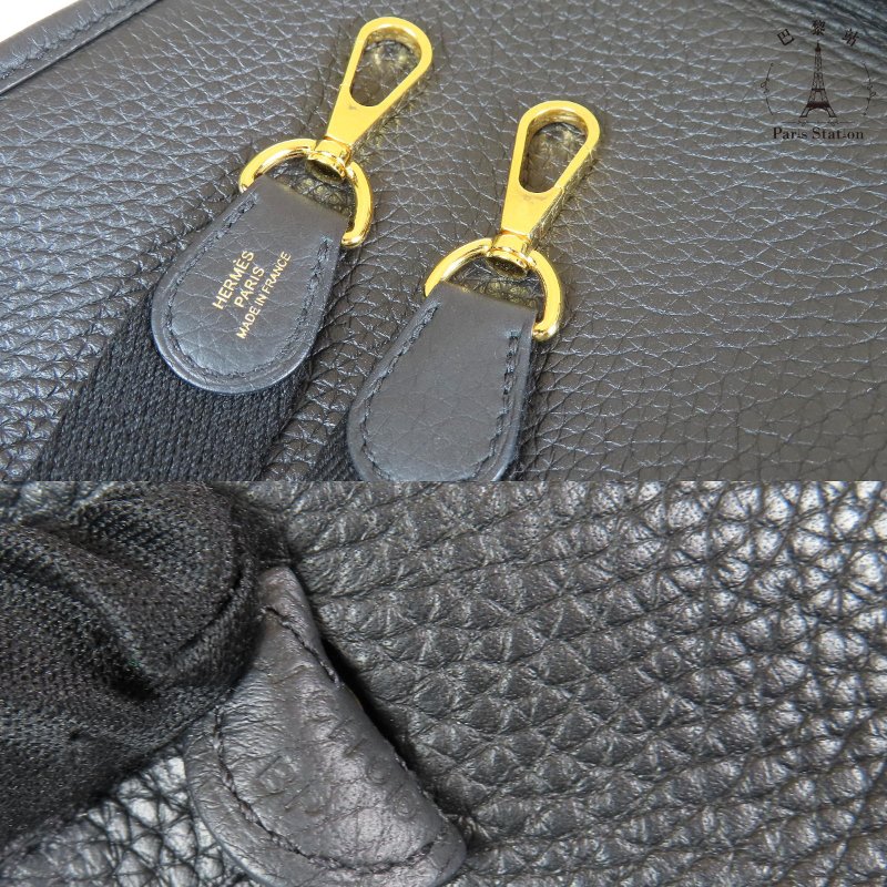 【巴黎站二手名牌專賣店】＊現貨＊HERMES 愛馬仕 真品＊W刻Mini Evelyne黑皮革金釦肩背斜背包-6
