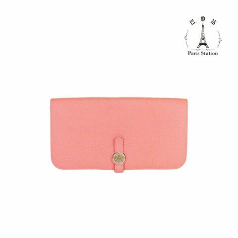 【巴黎站二手名牌專賣店】＊現貨＊HERMES 愛馬仕 真品＊X刻粉橘色皮革圓形銀色穿釦長夾