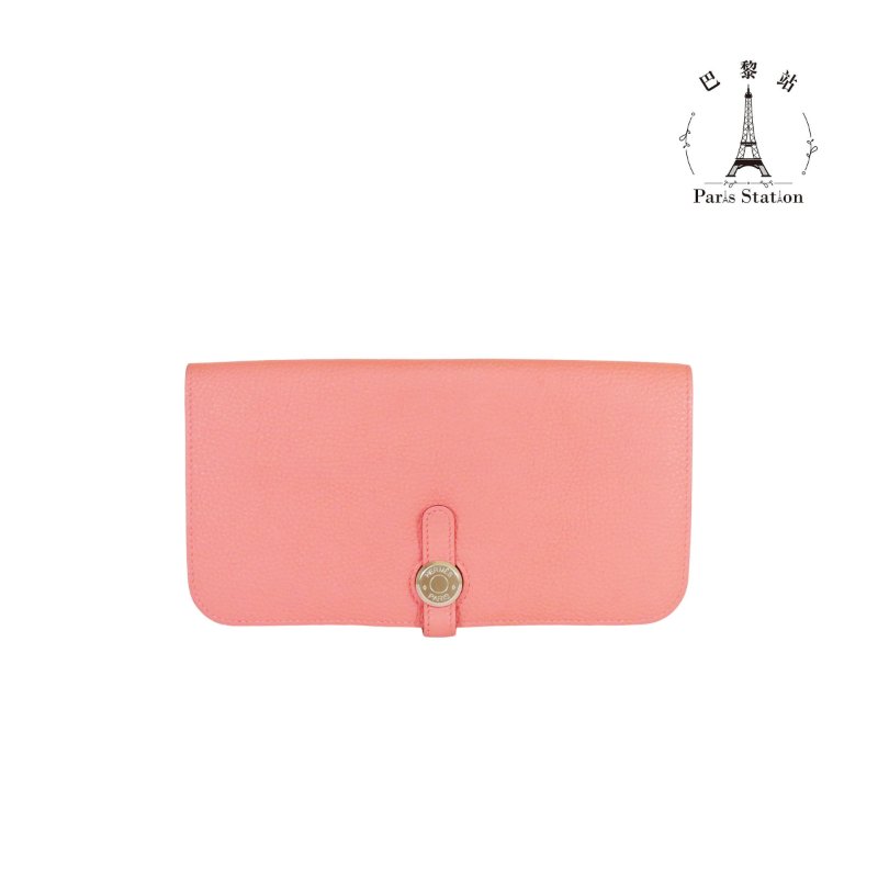 【巴黎站二手名牌專賣店】＊現貨＊HERMES 愛馬仕 真品＊X刻粉橘色皮革圓形銀色穿釦長夾-0