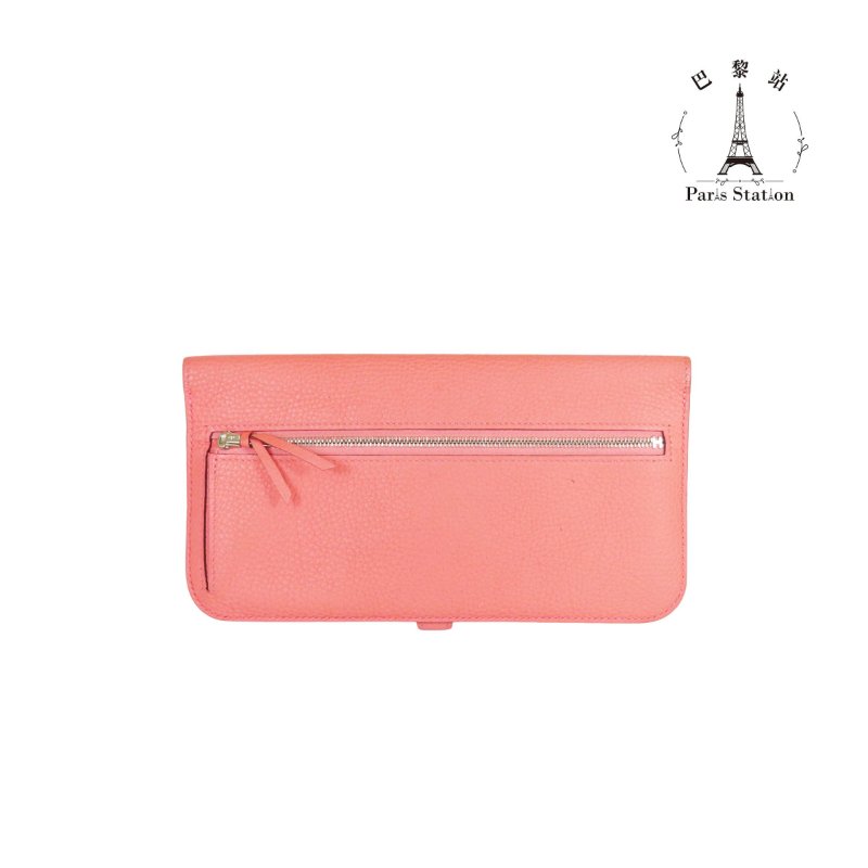 【巴黎站二手名牌專賣店】＊現貨＊HERMES 愛馬仕 真品＊X刻粉橘色皮革圓形銀色穿釦長夾-1