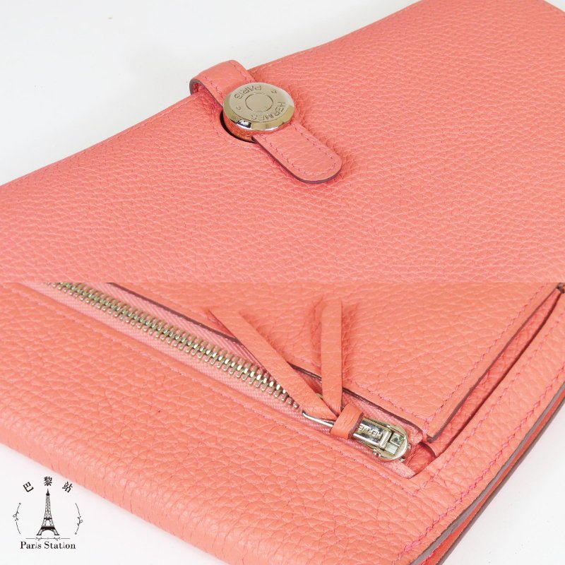 【巴黎站二手名牌專賣店】＊現貨＊HERMES 愛馬仕 真品＊X刻粉橘色皮革圓形銀色穿釦長夾-5