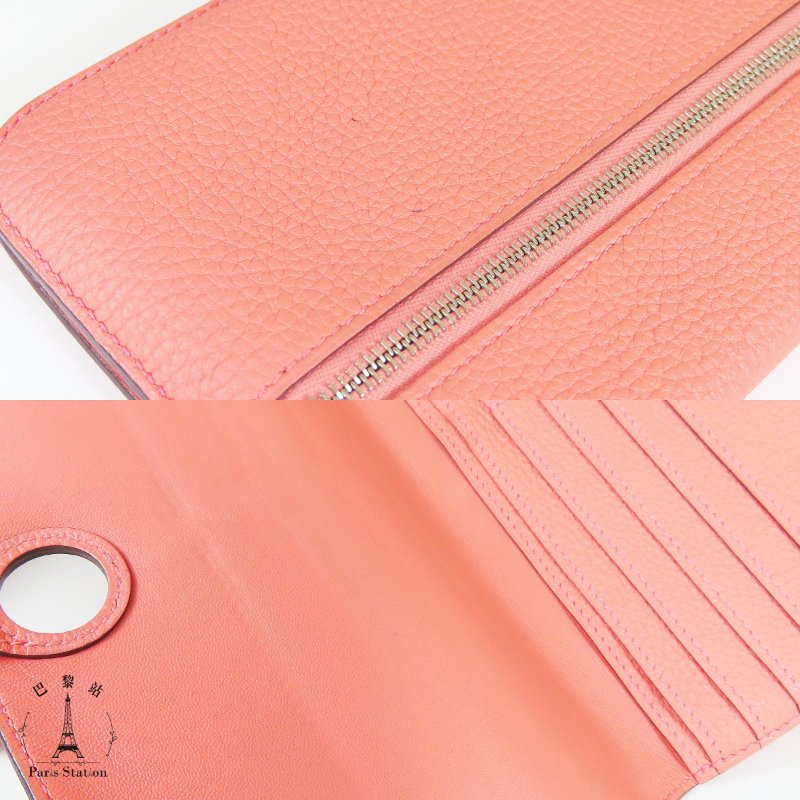 【巴黎站二手名牌專賣店】＊現貨＊HERMES 愛馬仕 真品＊X刻粉橘色皮革圓形銀色穿釦長夾-6