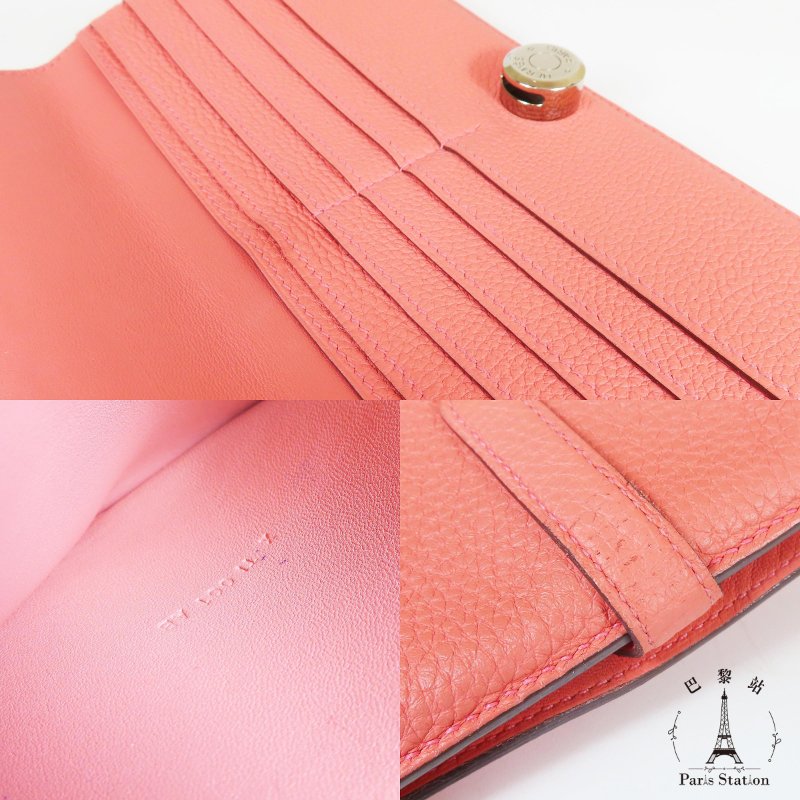 【巴黎站二手名牌專賣店】＊現貨＊HERMES 愛馬仕 真品＊X刻粉橘色皮革圓形銀色穿釦長夾-7