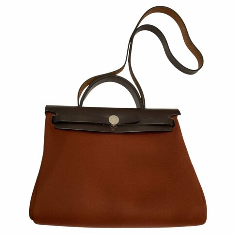 HERMES 愛馬仕 HERBAG 31 側背包 帆布/皮革 棕色/酒紅色 銀釦
