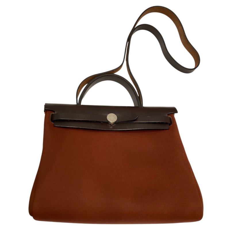 HERMES 愛馬仕 HERBAG 31 側背包 帆布/皮革 棕色/酒紅色 銀釦-0