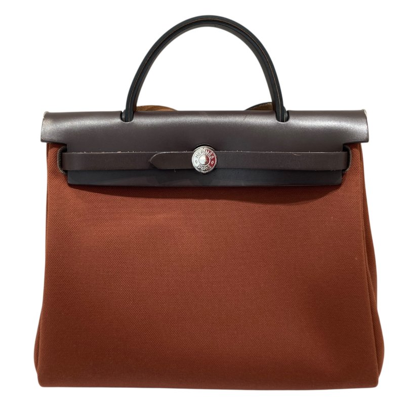 HERMES 愛馬仕 HERBAG 31 側背包 帆布/皮革 棕色/酒紅色 銀釦-1