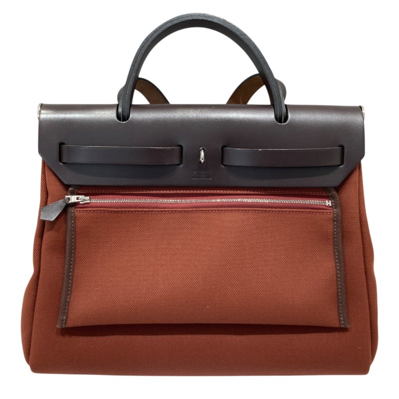 HERMES 愛馬仕 HERBAG 31 側背包 帆布/皮革 棕色/酒紅色 銀釦-2