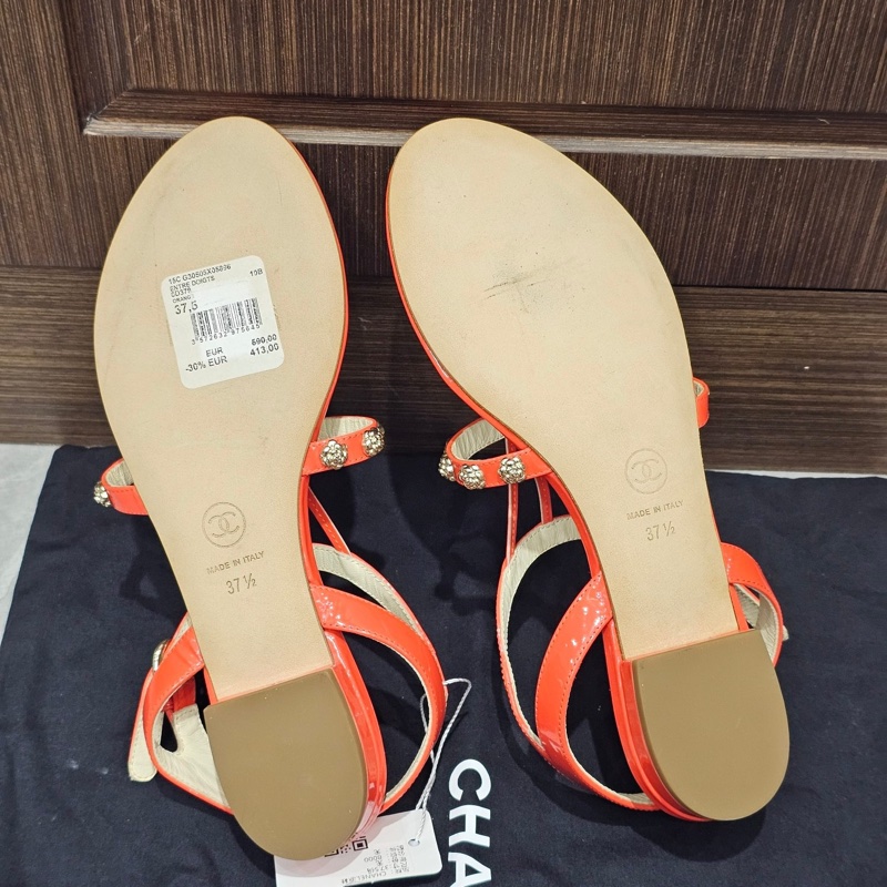 幾乎全新CHANEL香奈兒 橘紅色山茶花漆皮涼鞋平底鞋 女款 37.5碼-6
