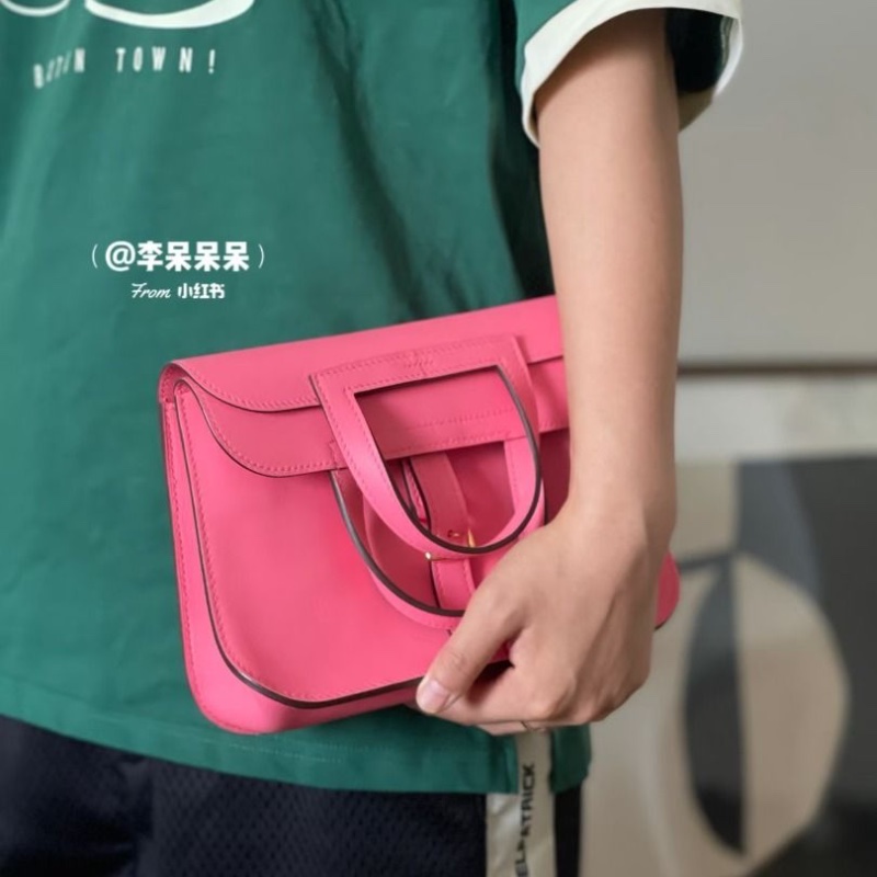 HERMES 唇膏粉銀扣halzan mini 手提肩背斜背包   21.5*14*6.5  9新 配件塵袋-0