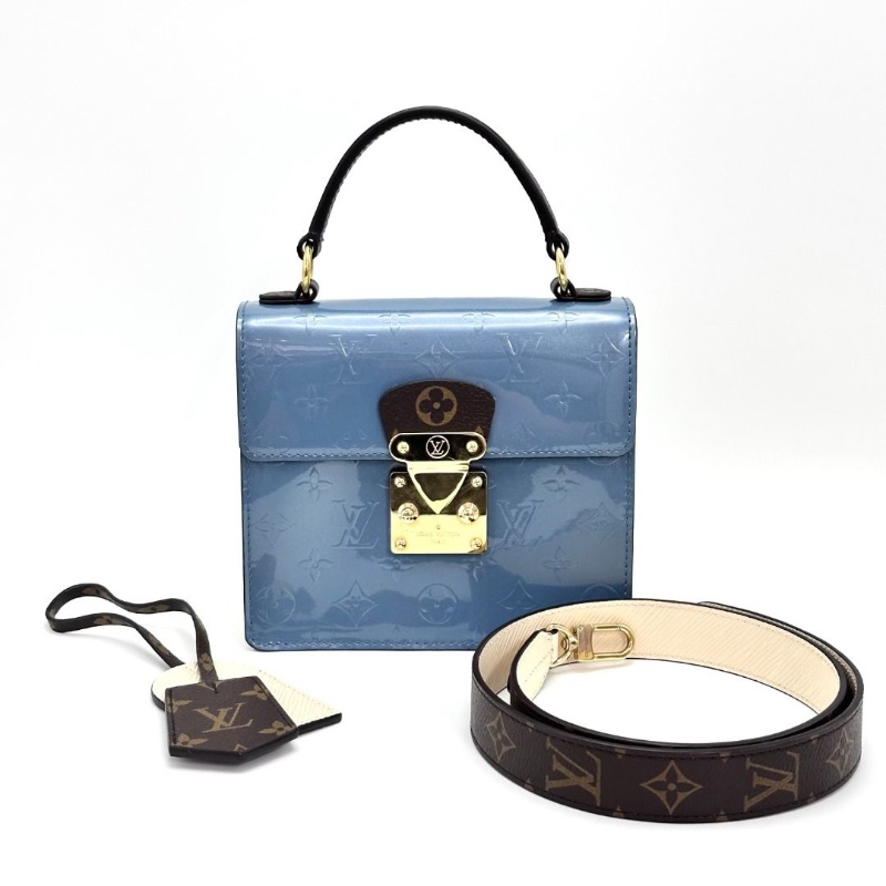 LV 藍色漆皮拼皮金扣手提肩背包. 19*17*9  9新 配件肩帶 皮牌 塵袋-1