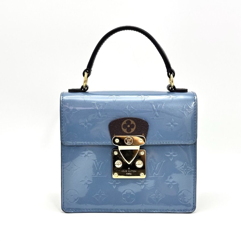 LV 藍色漆皮拼皮金扣手提肩背包. 19*17*9  9新 配件肩帶 皮牌 塵袋-2