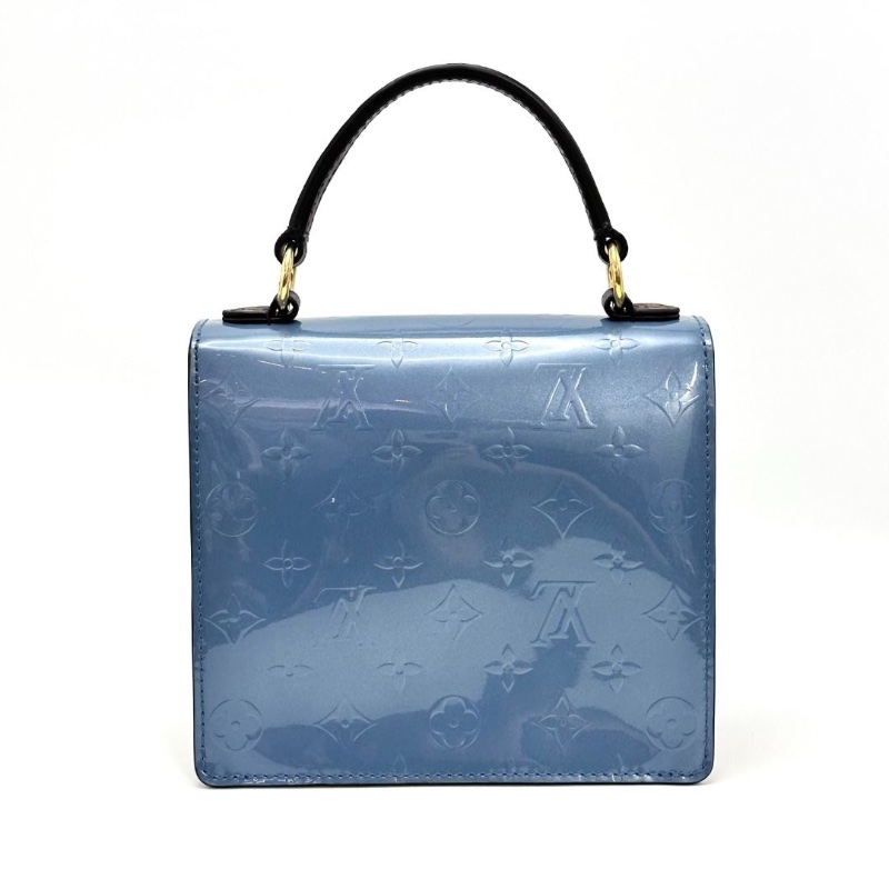 LV 藍色漆皮拼皮金扣手提肩背包. 19*17*9  9新 配件肩帶 皮牌 塵袋-4