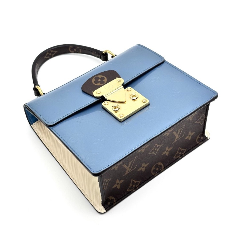 LV 藍色漆皮拼皮金扣手提肩背包. 19*17*9  9新 配件肩帶 皮牌 塵袋-6