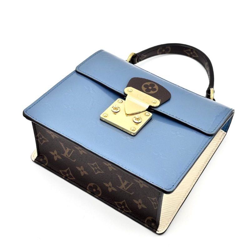 LV 藍色漆皮拼皮金扣手提肩背包. 19*17*9  9新 配件肩帶 皮牌 塵袋-7