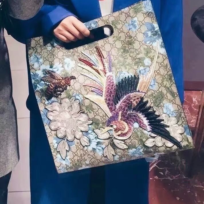 Gucci 天竺葵小蜜蜂鳳凰刺繡托特包  36*38*12 9新 配件肩帶 塵袋-1