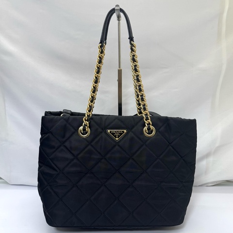 普拉達 PRADA 黑色尼龍鏈條兩用格紋托特包（1BG740）