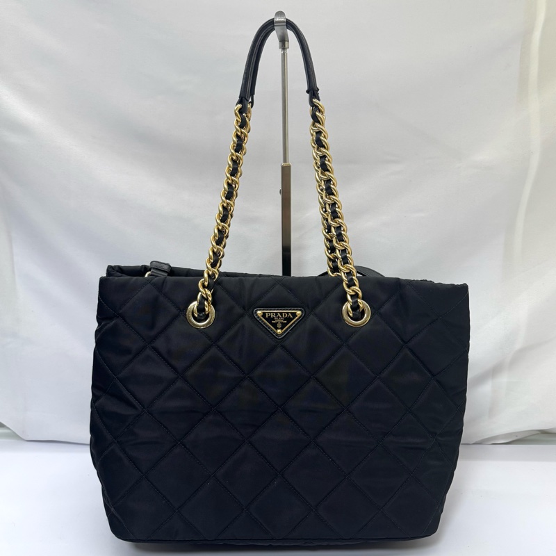 普拉達 PRADA 黑色尼龍鏈條兩用格紋托特包（1BG740）-0