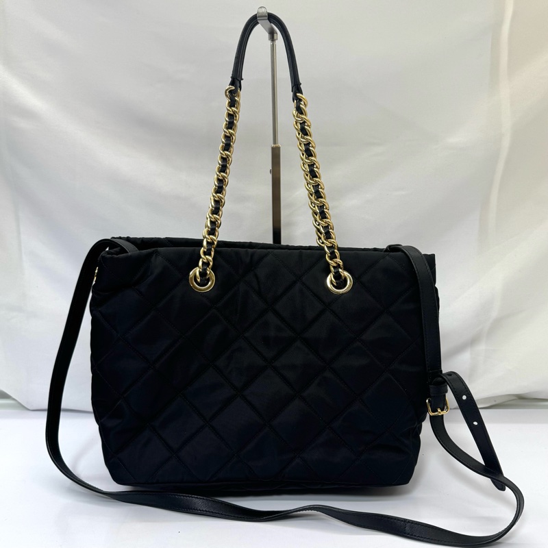 普拉達 PRADA 黑色尼龍鏈條兩用格紋托特包（1BG740）-1