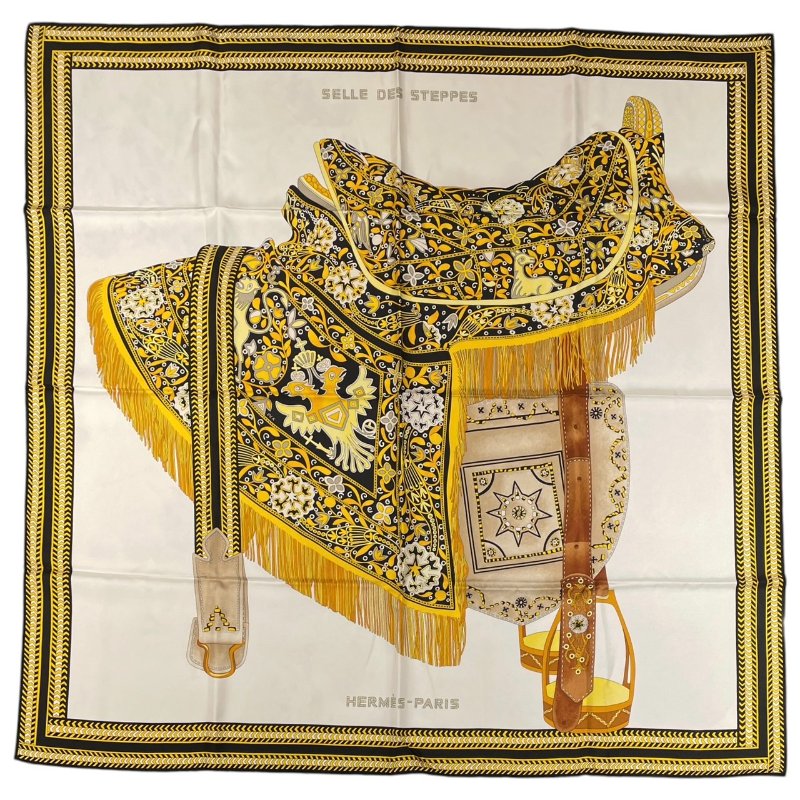 HERMES 愛馬仕 CARRE 90 SELLE DES STEPPES 馬鞍絲巾 絲綢 黃色系-1