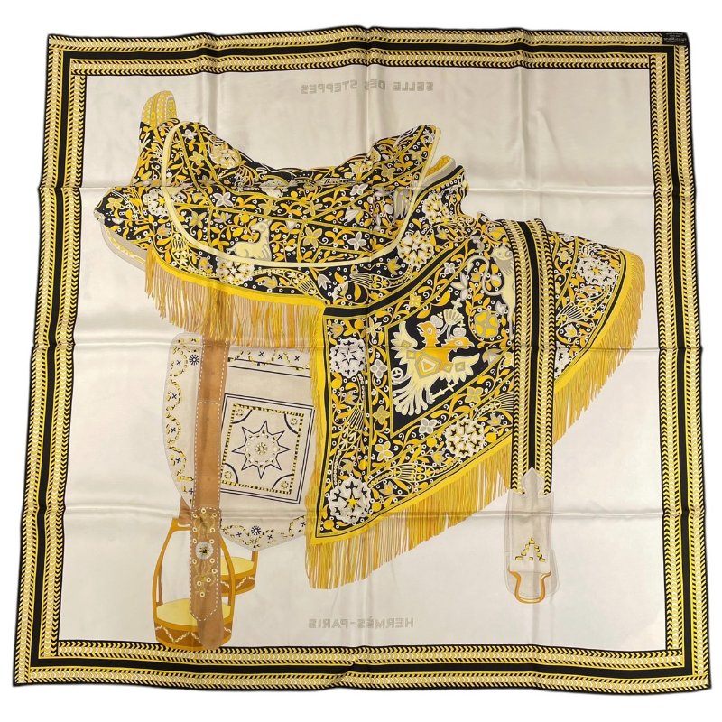 HERMES 愛馬仕 CARRE 90 SELLE DES STEPPES 馬鞍絲巾 絲綢 黃色系-2