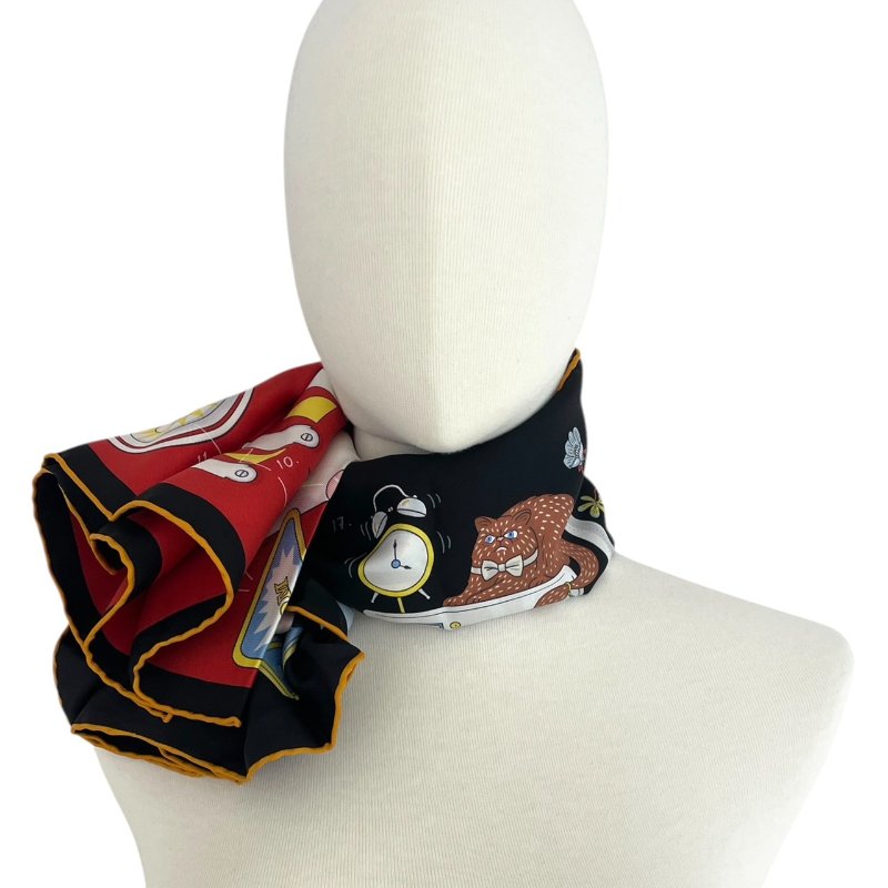 HERMES 愛馬仕 CARRE 90 TEA FOR TWO 絲巾 絲綢 紅黑色系-0