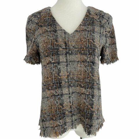 CHANEL 香奈兒 V領粗花呢上衣 羊毛混紡 米棕色 金釦 SIZE:36