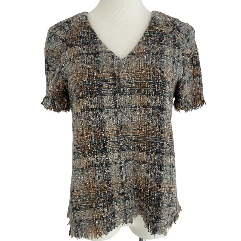 CHANEL 香奈兒 V領粗花呢上衣 羊毛混紡 米棕色 金釦 SIZE:36-0